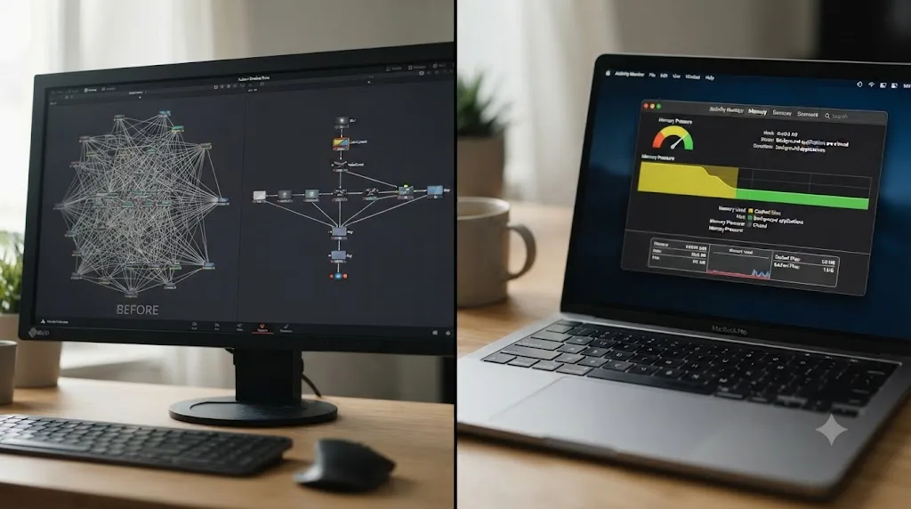 Illustration comparing a Fusion node tree being rebuilt in a fresh composition against a MacBook memory pressure gauge dropping after background apps are closed