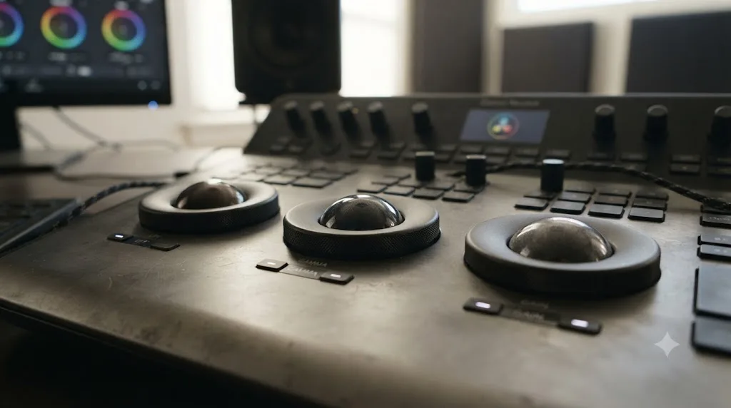 Illustration of DaVinci Resolve's Lift, Gamma, and Gain color wheels being adjusted to crush contrast for a day for night grade