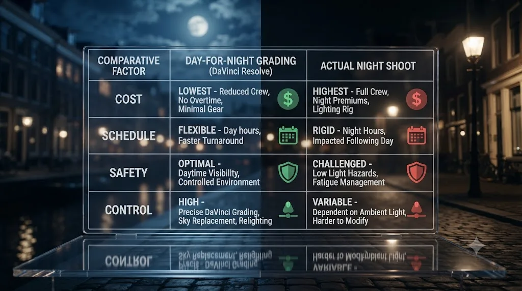 Illustration of a decision table comparing day for night color grading against shooting at actual night in DaVinci Resolve productions