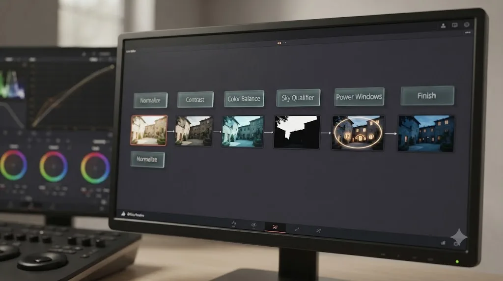 Illustration of a six-node day for night color grading chain on the DaVinci Resolve Color page
