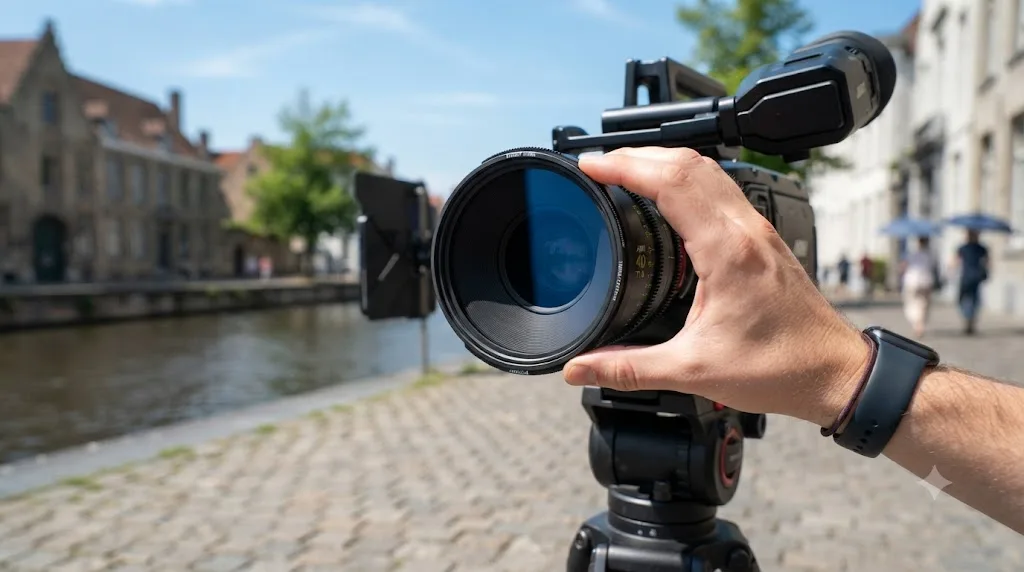 Illustration of a circular polarizing filter darkening a blue sky on a camera lens before a day for night shoot