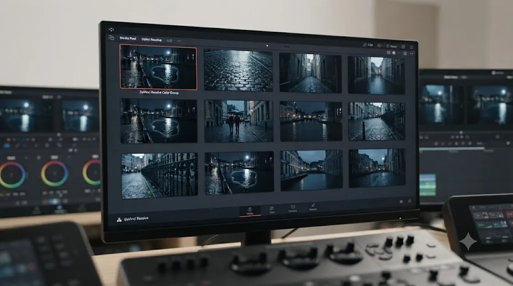 Illustration of multiple day for night graded clips from different angles sharing one consistent DaVinci Resolve Color Group