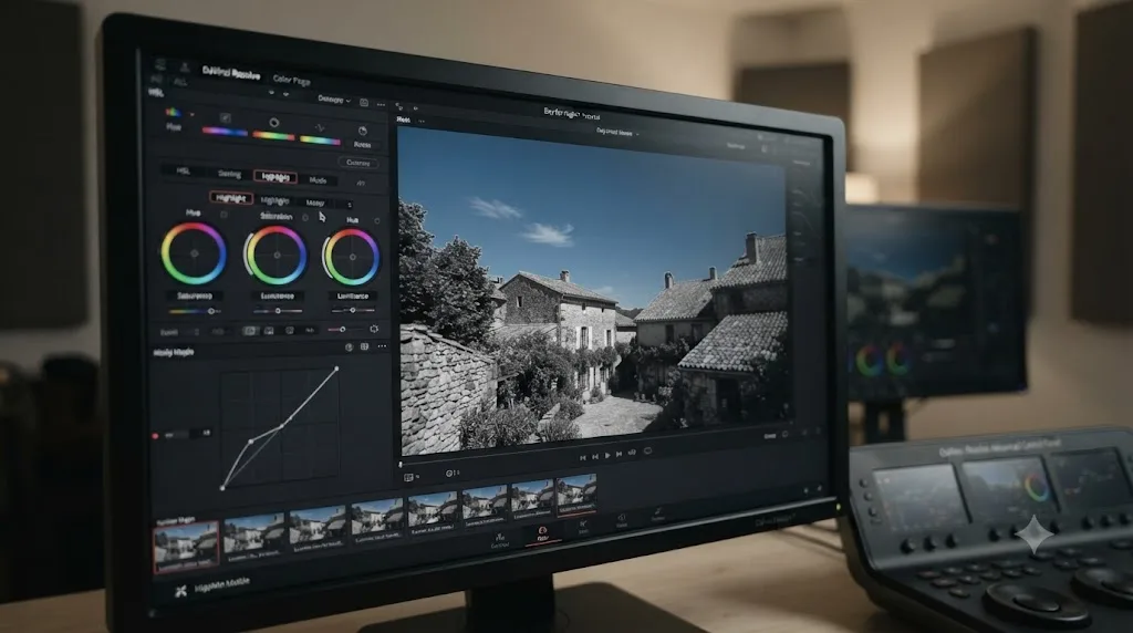 Illustration of a DaVinci Resolve HSL qualifier isolating a sky region using highlight mode for a day for night grade