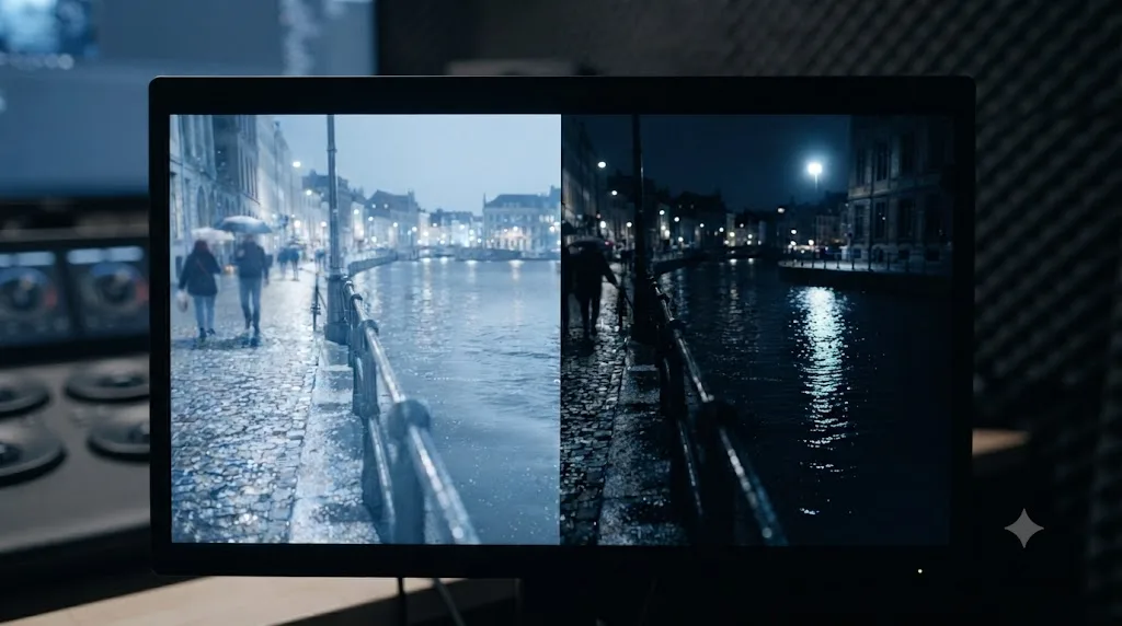 Illustration comparing an unconvincing blue-tinted day for night grade against a properly contrast-crushed version in DaVinci Resolve