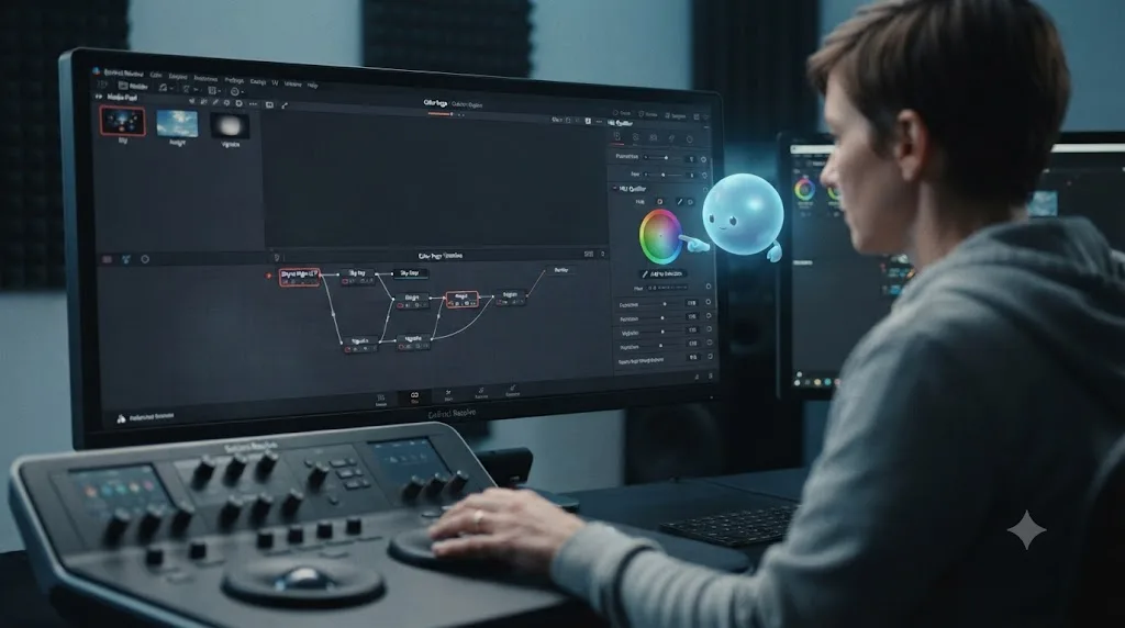 Illustration of a person building a day for night color grade in DaVinci Resolve while an on-screen assistant points at a control