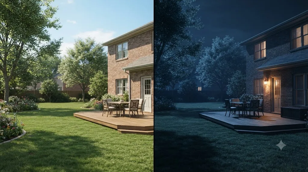 Illustration of a backyard exterior shot before and after a day for night color grade in DaVinci Resolve