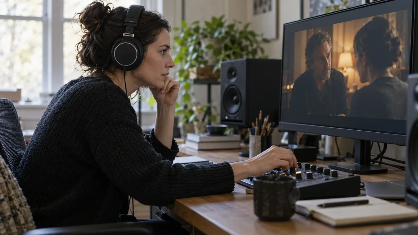 Illustration of an editor checking a dialogue scene after a gentle de-esser adjustment.