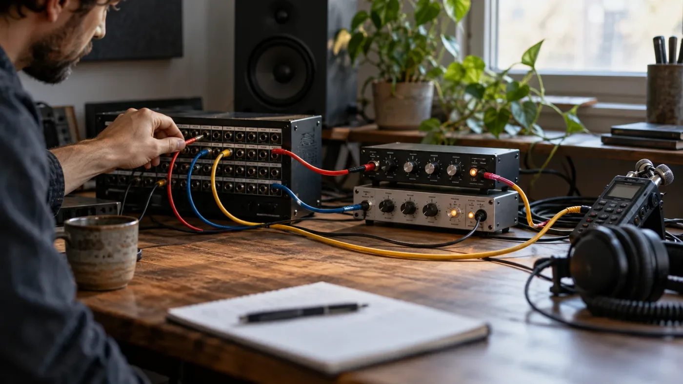 Illustration of a dialogue troubleshooting path that checks the effect chain before changing the recording.