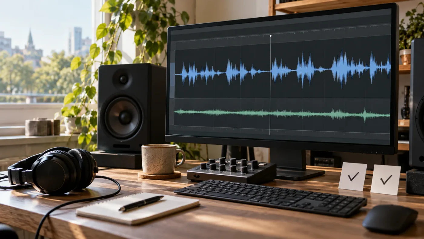 Illustration of dialogue being checked with music in context after de-essing.