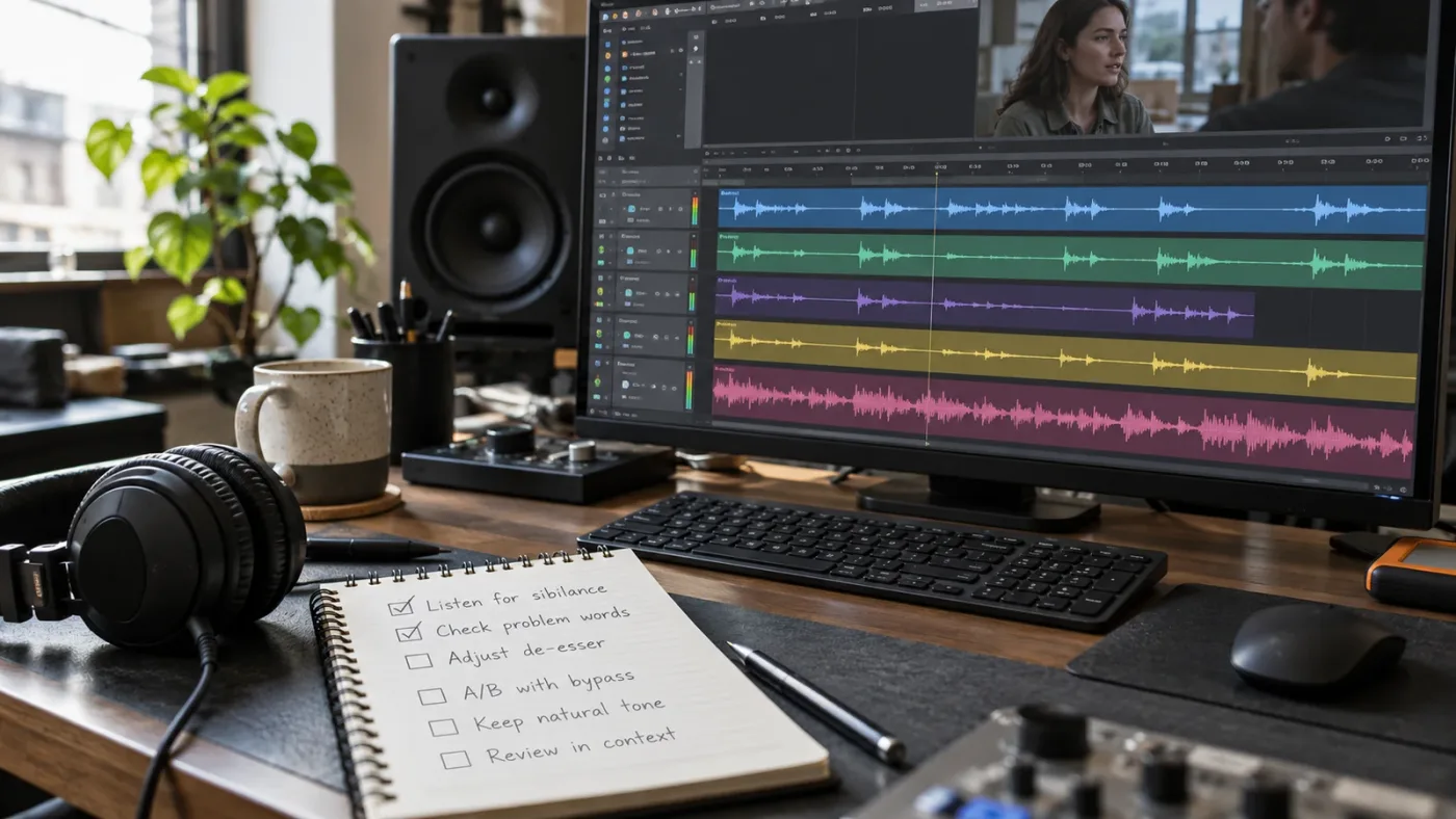 Illustration of a scene-wide dialogue review checking speaker consistency, edits, and background music.