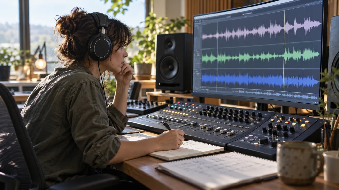 Illustration of an editor learning dialogue de-essing through focused listening.