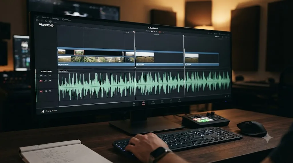 Illustration of a long drone flight split into three video file segments each syncing separately against one continuous audio waveform