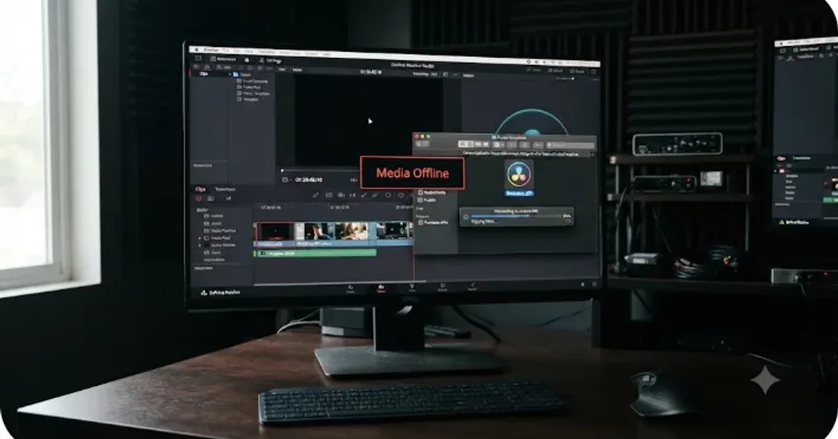 Illustration of a drone in flight above a DaVinci Resolve timeline with a drifting audio waveform