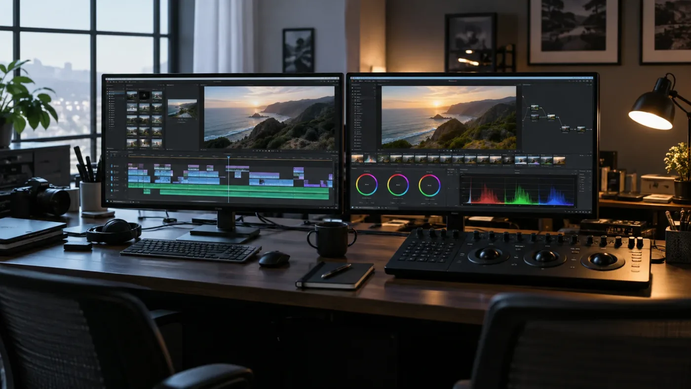 Illustration of DaVinci Resolve Edit and Color page workspaces connected by a shared playhead