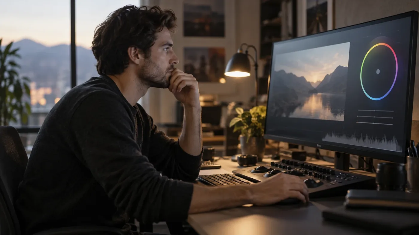 Illustration of an on-screen assistant pointing to a DaVinci Resolve control