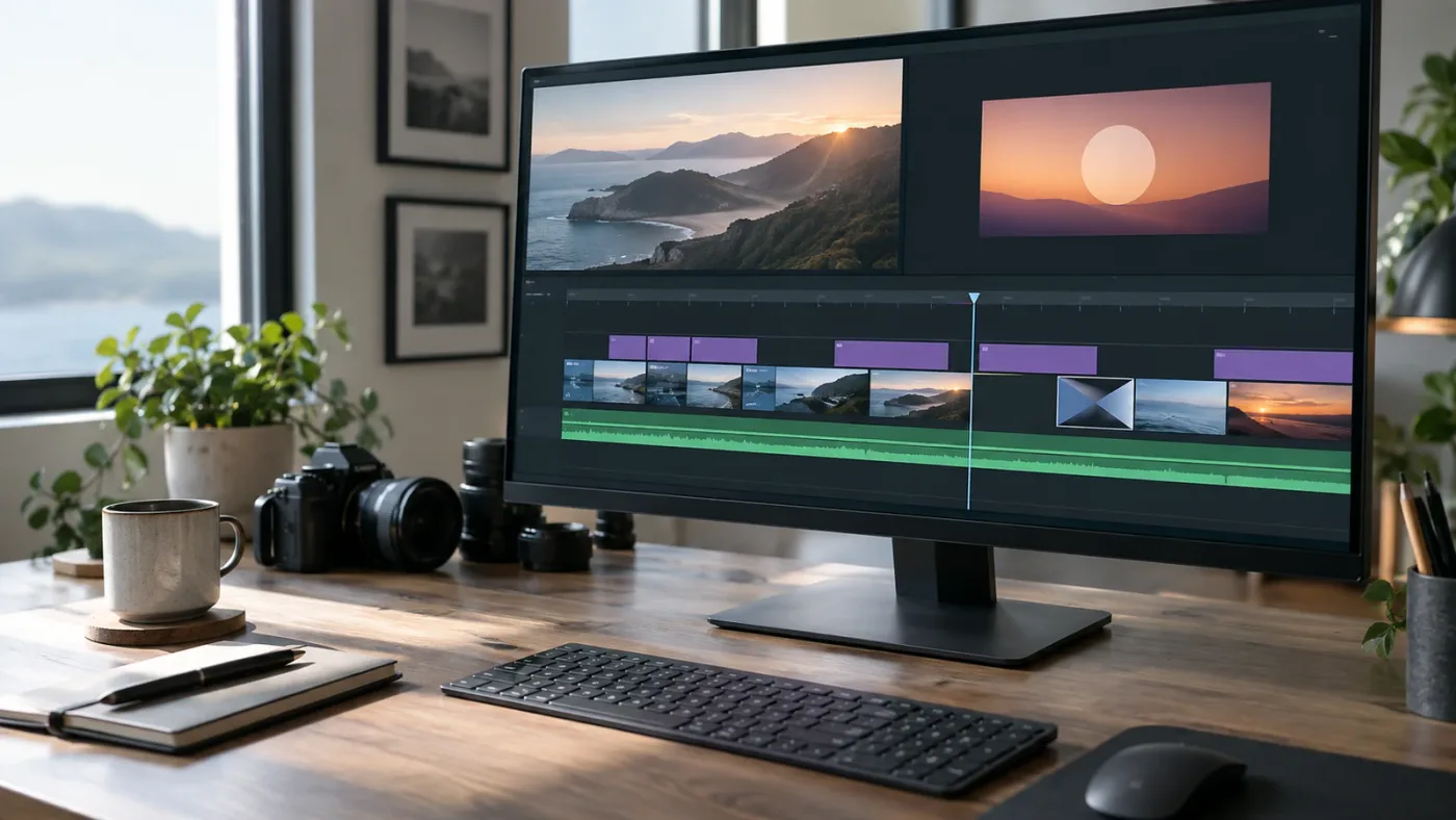 Illustration of the DaVinci Resolve Edit page handling clips, trimming, titles, and transitions