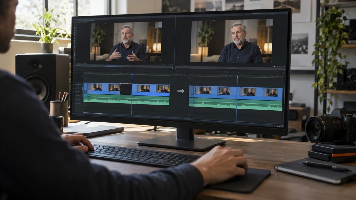 Illustration of trimming and ripple editing an interview in DaVinci Resolve