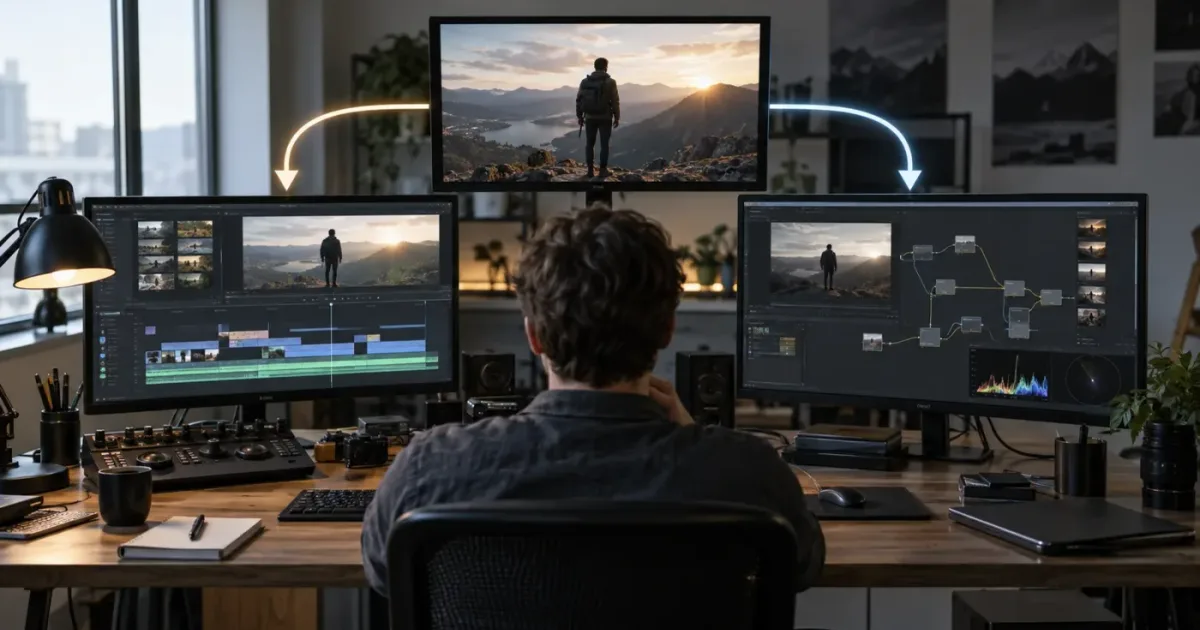 Illustration of the DaVinci Resolve Edit and Fusion workflows meeting at a basic video task decision