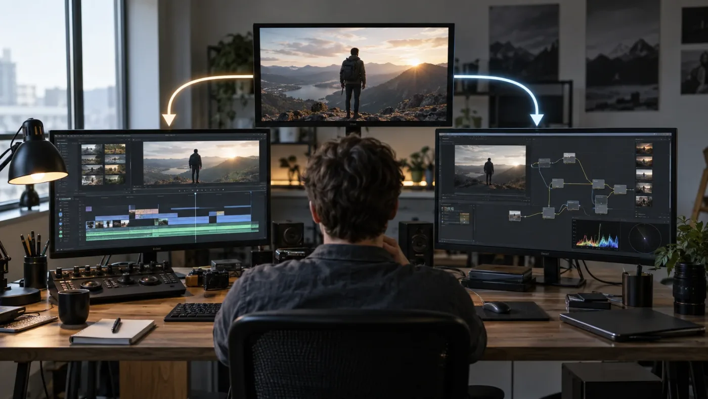 Illustration of a basic DaVinci Resolve task choosing between the Edit page and Fusion page