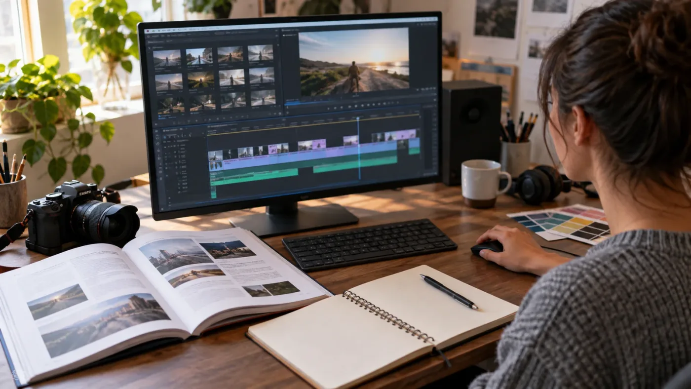 Illustration of learning DaVinci Resolve through training, practice, and on-screen guidance