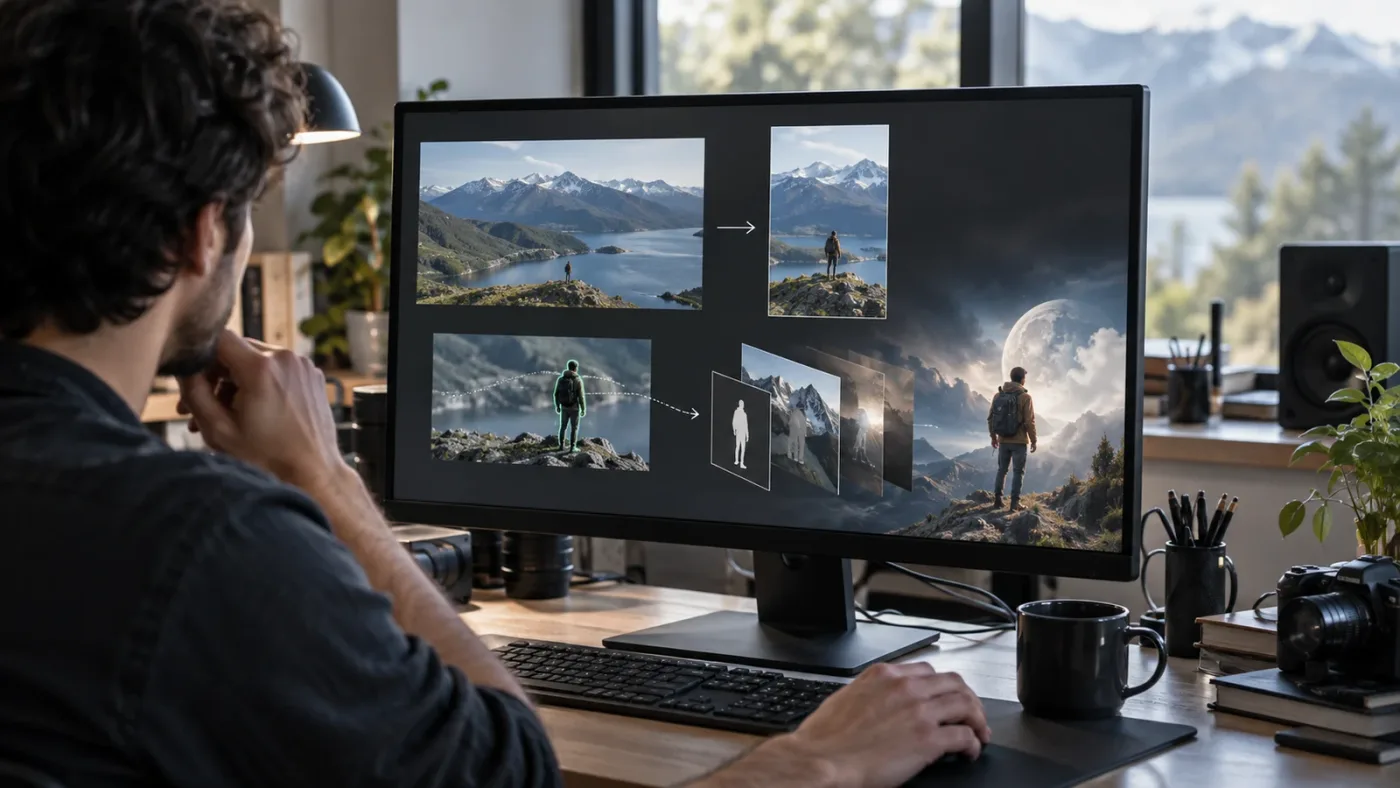 Illustration of choosing Edit for a simple reframe and Fusion for a tracked composite in DaVinci Resolve