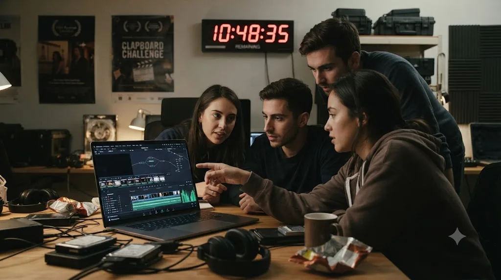 Illustration of a filmmaking team huddled around a laptop with a DaVinci Resolve timeline open and a countdown clock showing under twelve hours remaining