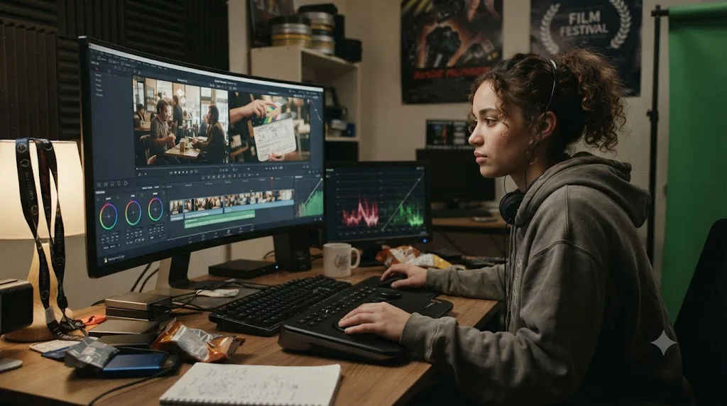 Illustration of a film student at a desk reviewing official competition dailies footage inside a DaVinci Resolve timeline