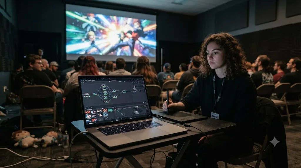 Illustration of an anime convention screening room with an anime music video playing on a large screen and a DaVinci Resolve Fusion node graph visible on a laptop in the foreground