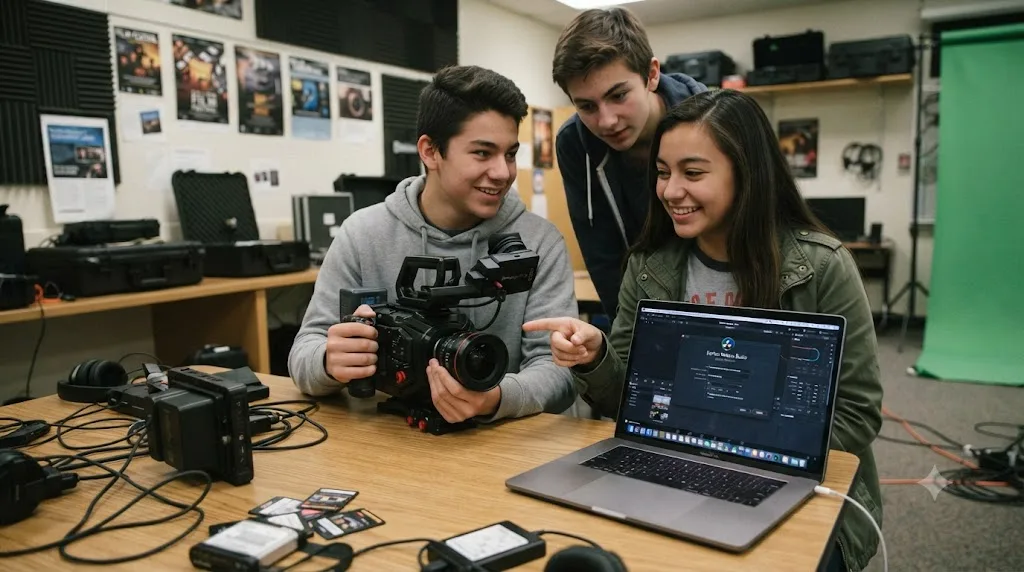 Illustration of a high school film crew holding a Blackmagic camera package next to a laptop showing a DaVinci Resolve Studio license screen