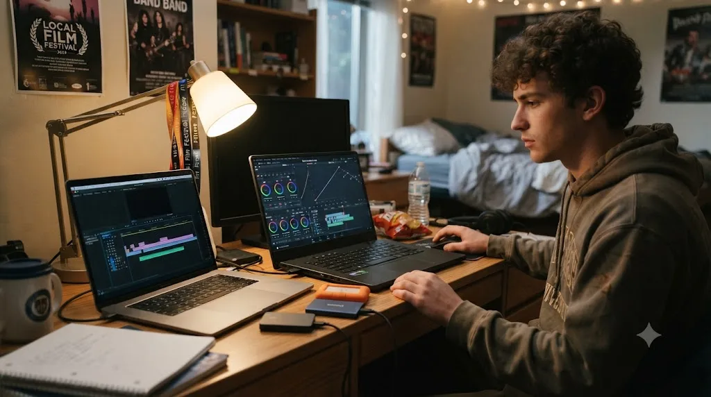 Illustration of a college dorm room with a loaned laptop running editing software next to a personal laptop running DaVinci Resolve