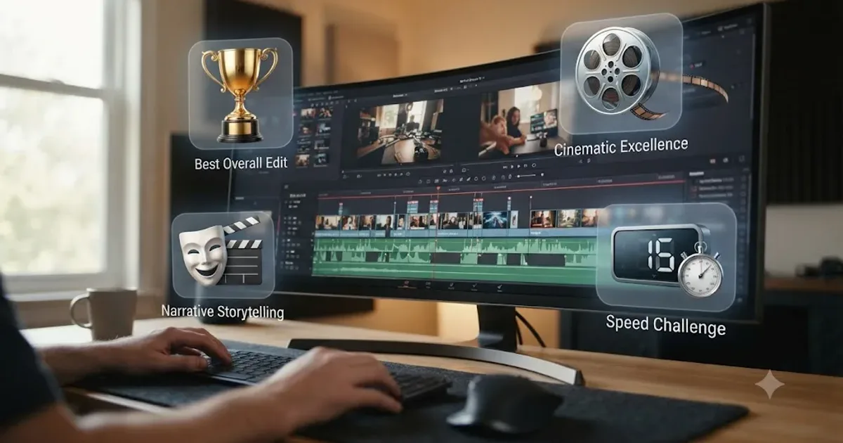 Illustration of a DaVinci Resolve timeline surrounded by trophy, clock, and film reel icons representing different editing competitions