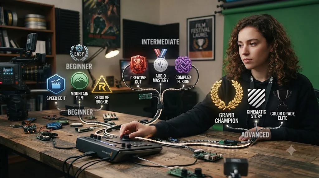 Illustration of a branching decision path where a person chooses between different competition icons based on their experience level