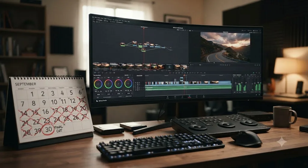 Illustration of a calendar showing a 30-day countdown next to a DaVinci Resolve timeline being cut against stock cinematic footage