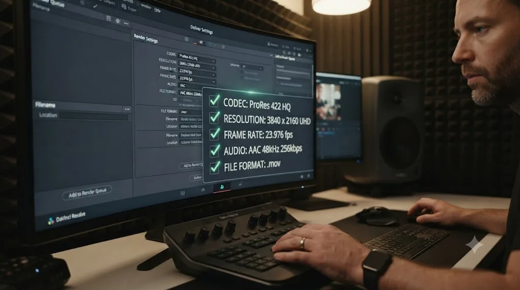Illustration of a DaVinci Resolve Deliver page render settings panel with a checklist overlay for codec, resolution, frame rate, and audio
