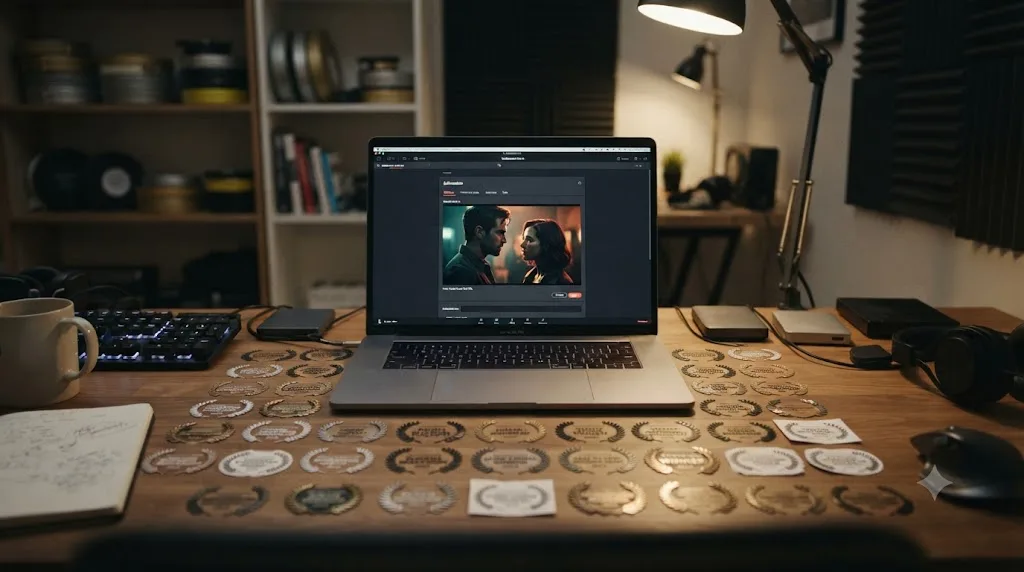 Illustration of a grid of small film festival laurel icons surrounding a single finished short film thumbnail being submitted from a laptop