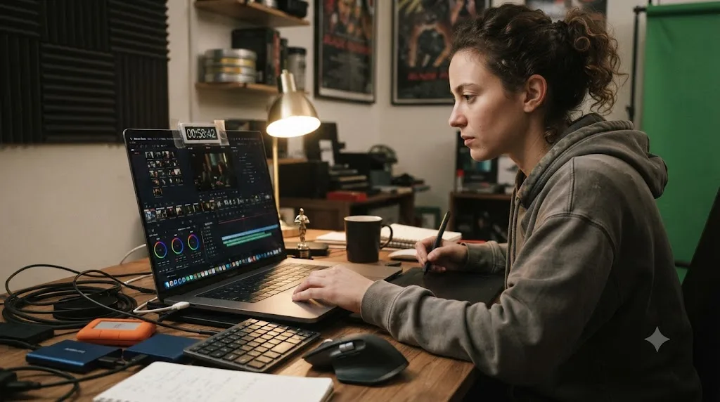Illustration of a person editing a short 60-second film on a laptop with a countdown timer and a small trophy icon beside the DaVinci Resolve timeline