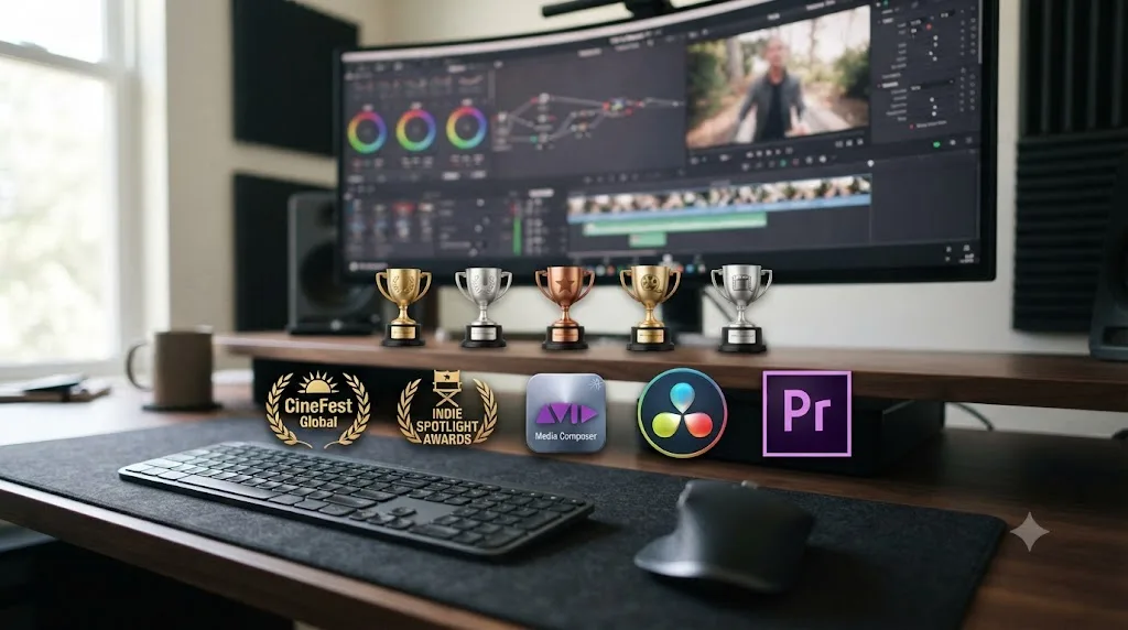 Illustration of a row of trophy icons above icons representing different film competitions with a DaVinci Resolve icon among other editing tool icons