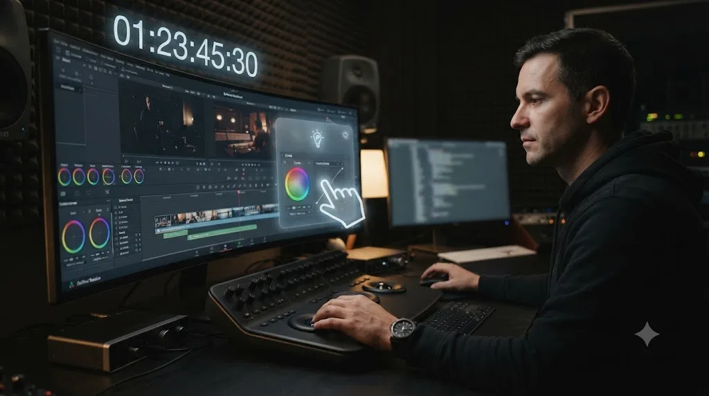 Illustration of a person editing late at night with a countdown clock on screen and an assistant overlay pointing at a specific DaVinci Resolve control