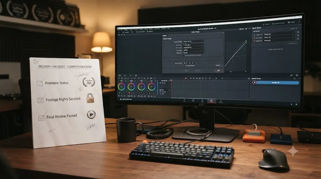 Illustration of a checklist of premiere status and footage rights icons next to a DaVinci Resolve export screen