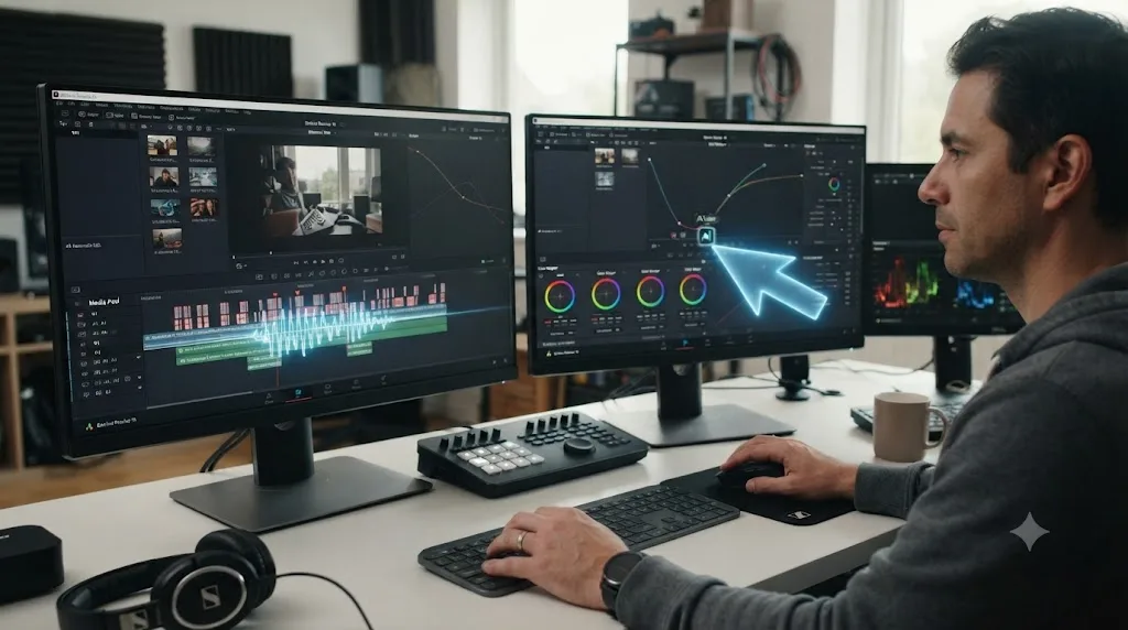Illustration comparing an AI tool automatically cutting a timeline against an AI tutor pointing at a control while the editor stays in control