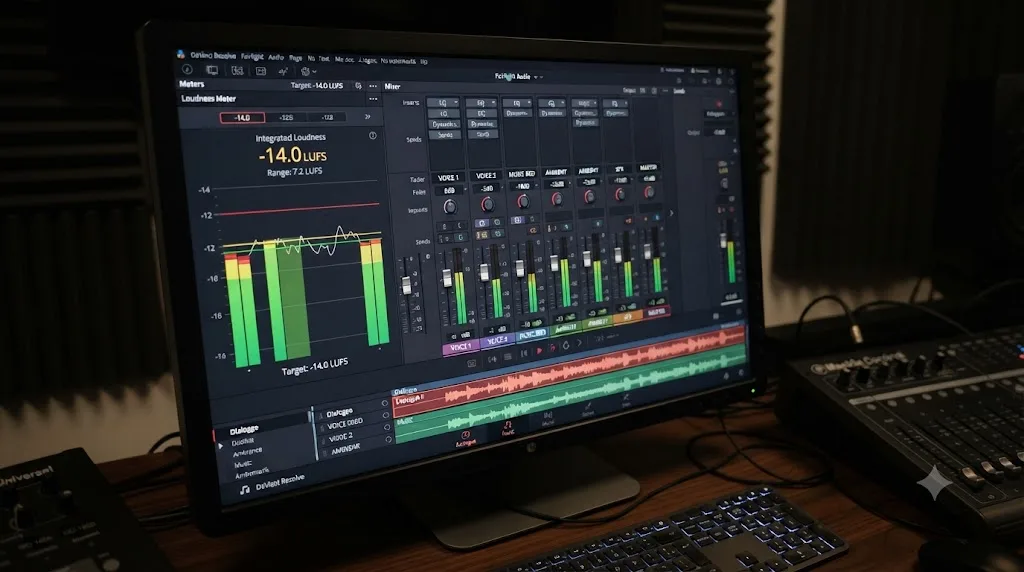 Illustration of the DaVinci Resolve Fairlight page showing a loudness meter set to -14 LUFS target next to a balanced audio mixer