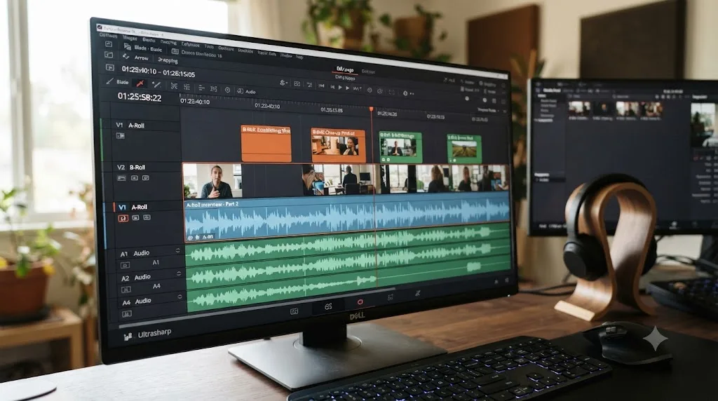Illustration of a DaVinci Resolve timeline showing B-roll cutaway clips placed above an A-roll track aligned to dialogue