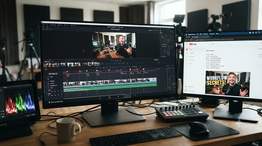 Illustration of a DaVinci Resolve timeline with markers converted into YouTube chapter timestamps next to an exported thumbnail frame