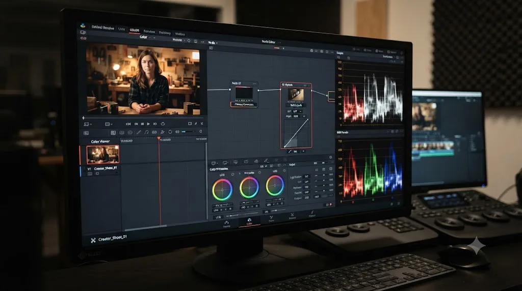 Illustration of the DaVinci Resolve Color page showing a two-node tree with waveform and parade scopes visible