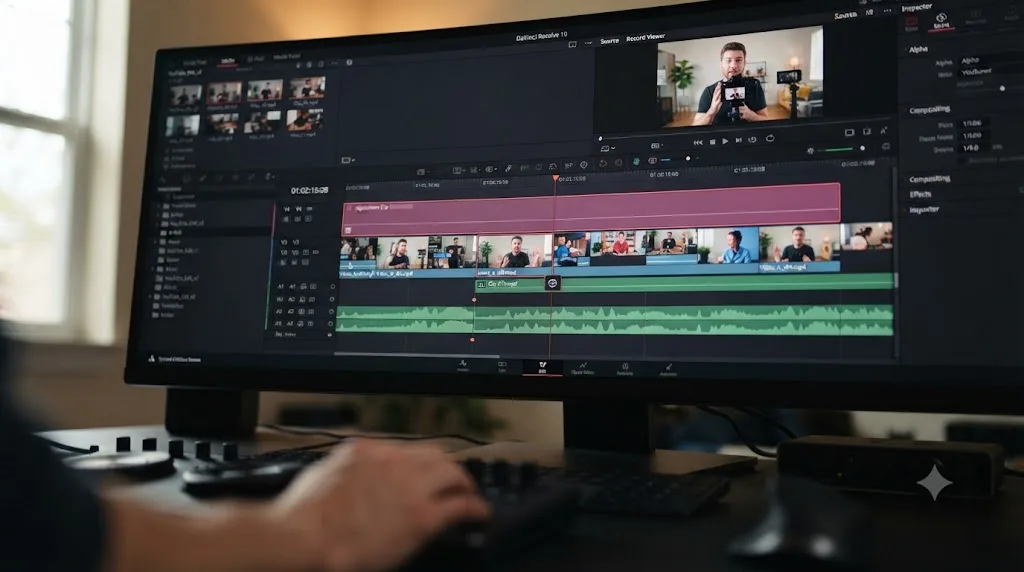 Illustration of a DaVinci Resolve timeline showing a Compound Clip and an Adjustment Clip spanning multiple clips on the track above