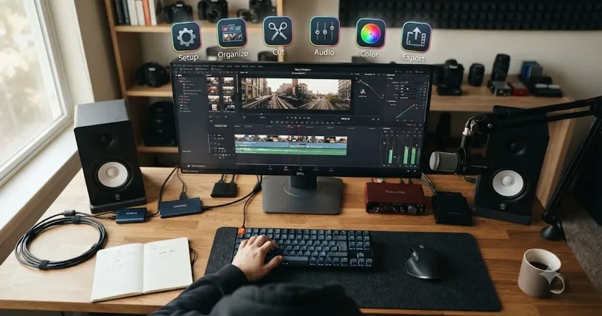 Illustration of a YouTube creator's desk with a DaVinci Resolve timeline on the main monitor, surrounded by icons for footage bins, audio waveforms, and a color wheel