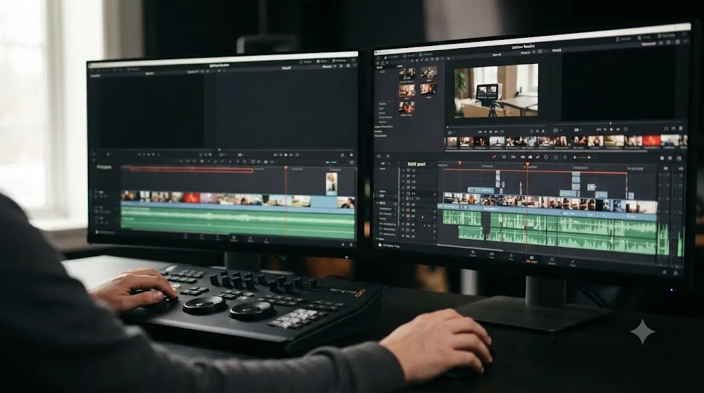 Illustration comparing the DaVinci Resolve Cut page's simplified layout with the Edit page's full multi-track layout