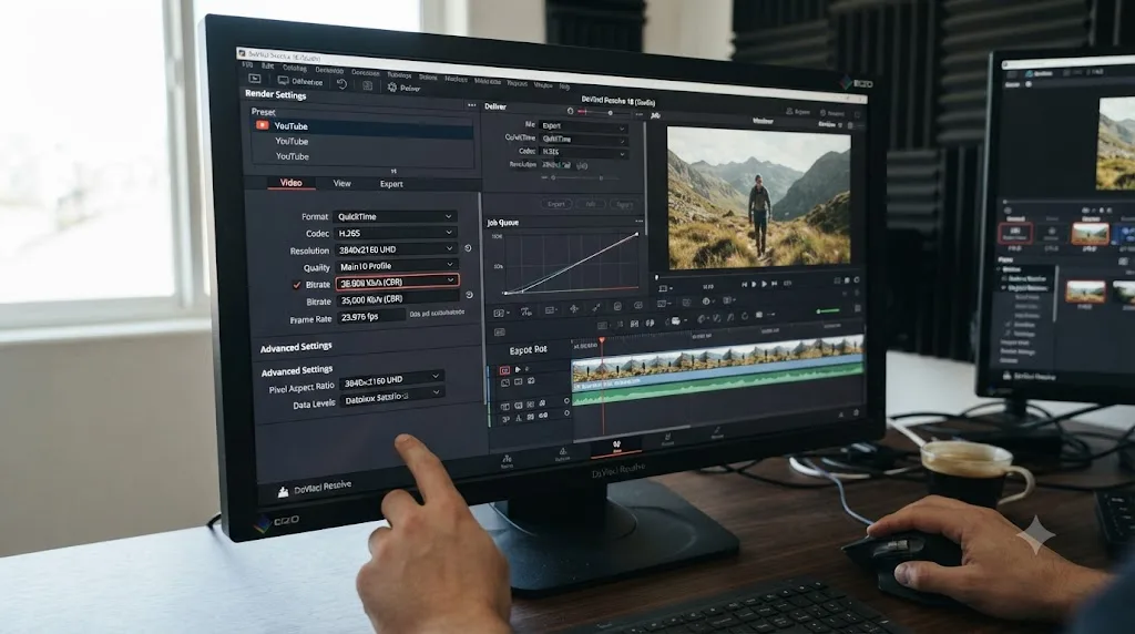 Illustration of the DaVinci Resolve Deliver page with the YouTube preset selected and render settings visible