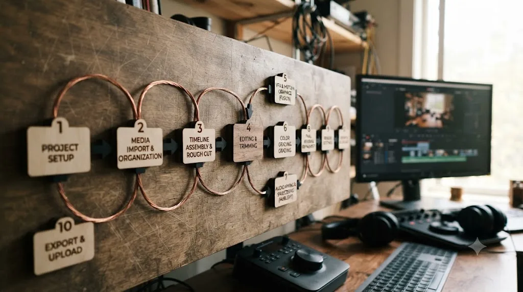 Illustration of a ten-step flowchart showing the DaVinci Resolve YouTube editing workflow from project setup to export