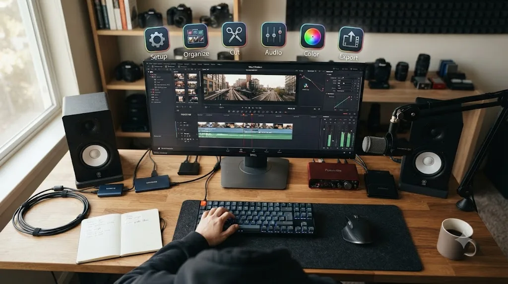 Illustration of a creator's desk with a DaVinci Resolve timeline surrounded by icons representing each stage of the editing workflow